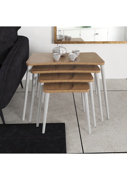 Selen 4lü Zigon Sehpa Ahşap Beyaz Ayaklı Salon Seti Çay Sehpası – Ceviz