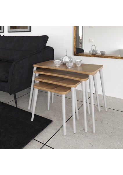 Selen 4lü Zigon Sehpa Ahşap Beyaz Ayaklı Salon Seti Çay Sehpası – Ceviz fiyatları