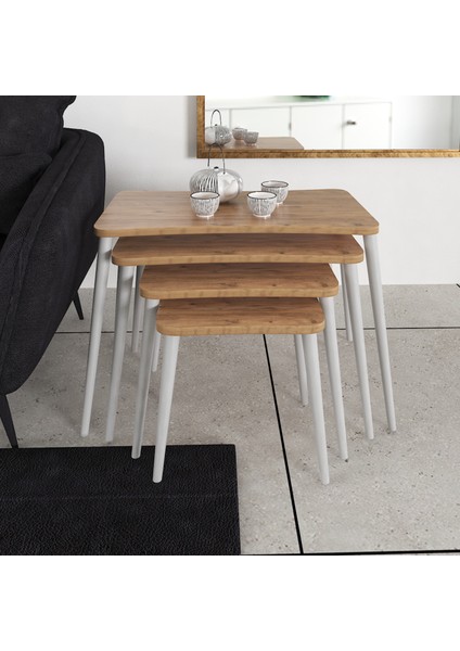 Selen 4lü Zigon Sehpa Ahşap Beyaz Ayaklı Salon Seti Çay Sehpası – Çam