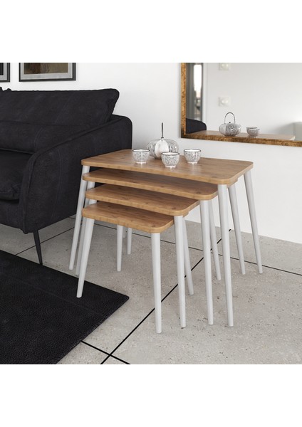 Selen 4lü Zigon Sehpa Ahşap Beyaz Ayaklı Salon Seti Çay Sehpası – Çam fiyatları