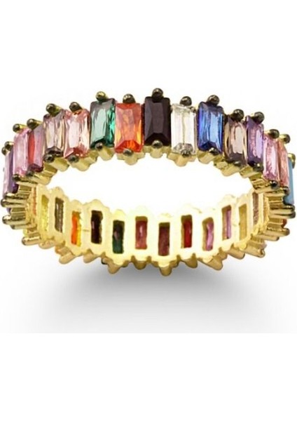 925 Ayar Gold Kaplamalı Multicolor Baget Taşlı Gümüş