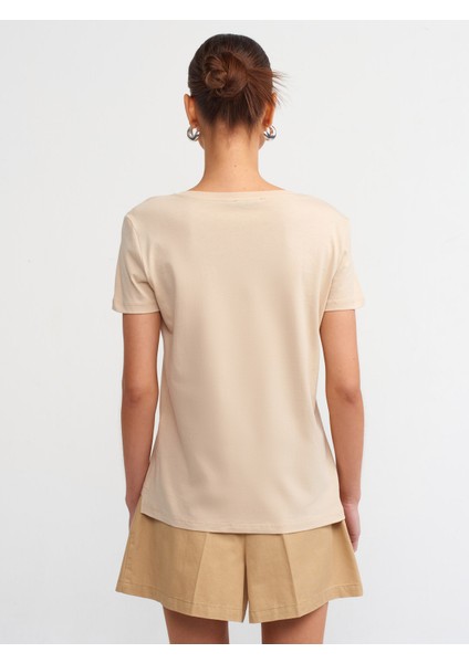 3470 V Yaka Basic T-Shirt-Açık Bej fiyatları