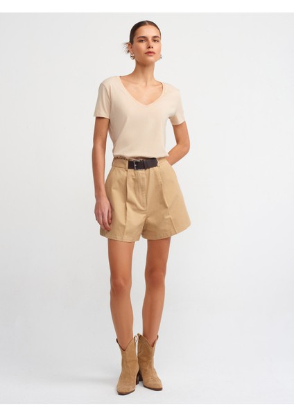 3470 V Yaka Basic T-Shirt-Açık Bej modelleri