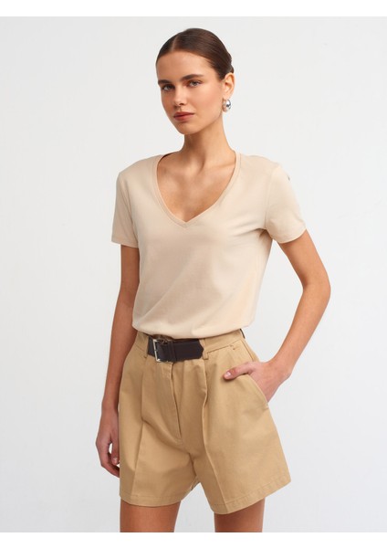 3470 V Yaka Basic T-Shirt-Açık Bej fırsatları