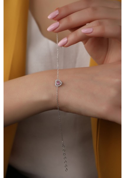 925 Ayar Pırlanta Montürlü Kalp Modeli Bileklik