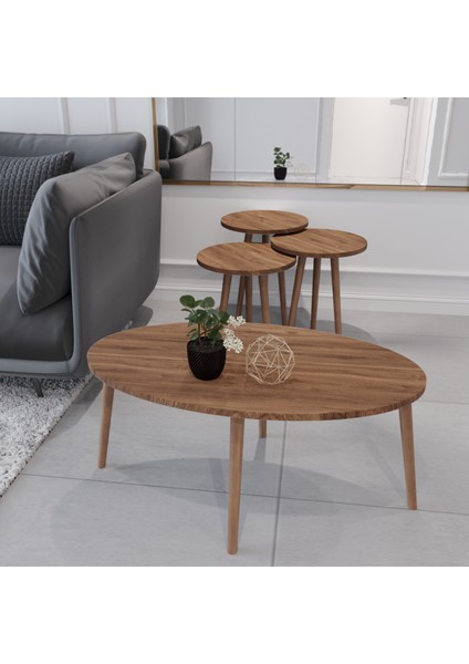 Tokyo Orta Sehpa ve Zigon Sehpa 4'lü Ahşap Ayaklı Salon Seti Sehpa - Ceviz