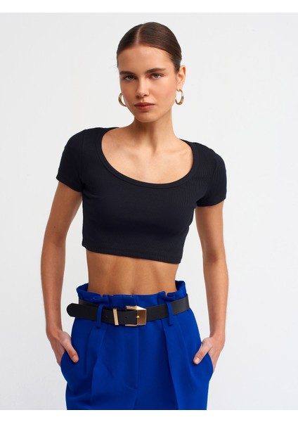 30876 Kısa Kollu Crop Top-Siyah