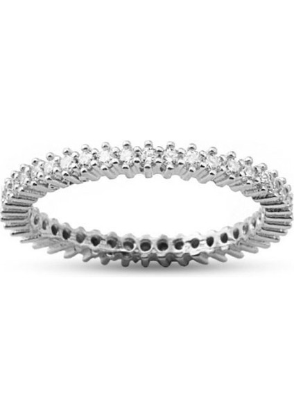 925 Ayar Rodyum Kaplamalı Beyaz Taşlı Tam Tur Gümüş Yüzük