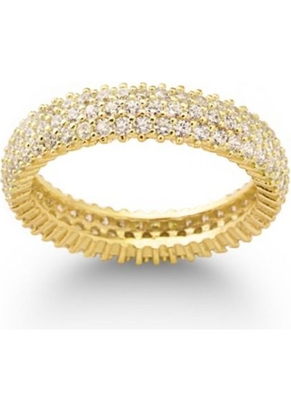 925 Ayar Gold Kaplamalı Beyaz Taşlı Tam Tur Gümüş Yüzük