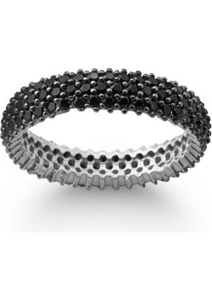 925 Ayar Rodyum Kaplamalı Siyah Taşlı Tam Tur Gümüş Yüzük