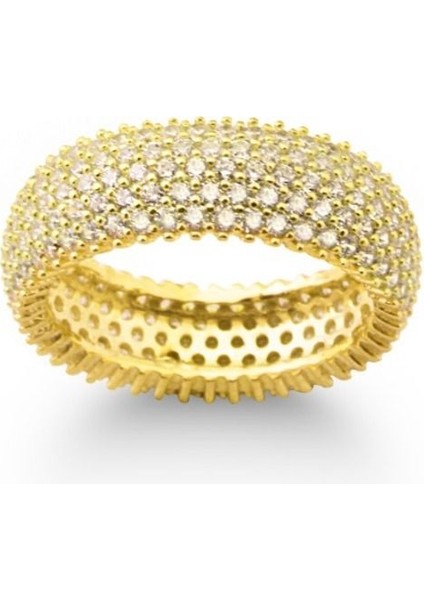 925 Ayar Gold Kaplamalı Beyaz Taşlı Tam Tur Gümüş Yüzük