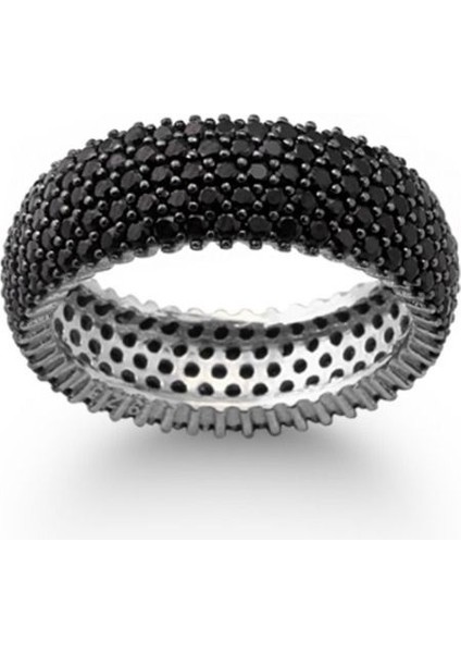 925 Ayar Rodyum Kaplamalı Siyah Taşlı Tam Tur Gümüş Yüzük