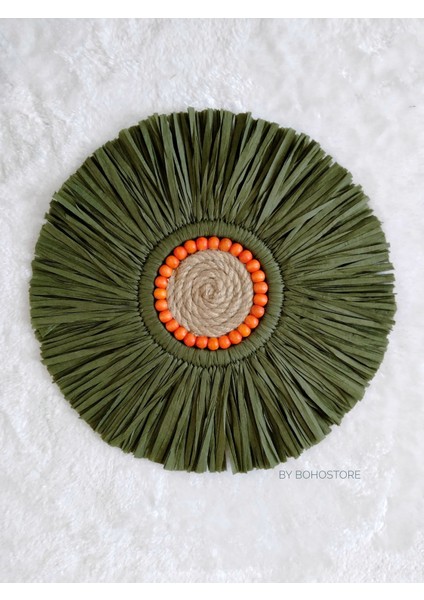 Rafya Haki Renk Rafya Ayna, Bohem Rafya Ayna, Dekoratif Aksesuar 1 43 cm Haki Duvar Aynası Pencerel