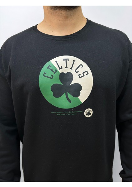 Siyah Bisiklet Yaka Erkek Baskılı Sweatshirt indirimleri