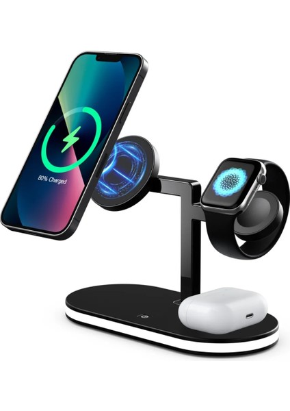 Appla Watch Magsafe Airpod Uyumlu 15W ve Gece Lambalı 4in1 Hızlı Şarj Istasyonu