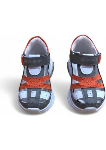 Erkek Bebe Ortopedik Cırtlı Esnek Hafif Nefes Alabilen Beyaz Gri Turuncu Renk Işıklı Bebek Sneaker Spor Ayakkabı