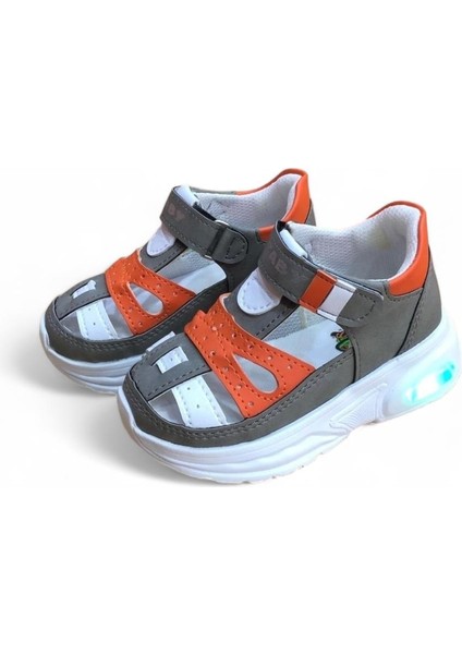 Erkek Bebe Ortopedik Cırtlı Esnek Hafif Nefes Alabilen Beyaz Gri Turuncu Renk Işıklı Bebek Sneaker Spor Ayakkabı