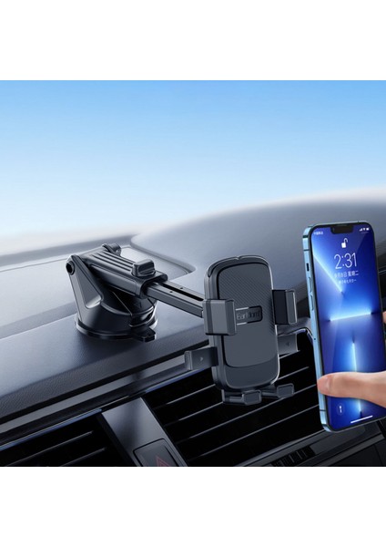 Araç Içi Uzayabilen Telefon Tutucu Ön Cam ve Torpido Üstü Yapışkanlı Uzunluk Ayarlı Kıskaçlı Kelepçe Vantuzlu