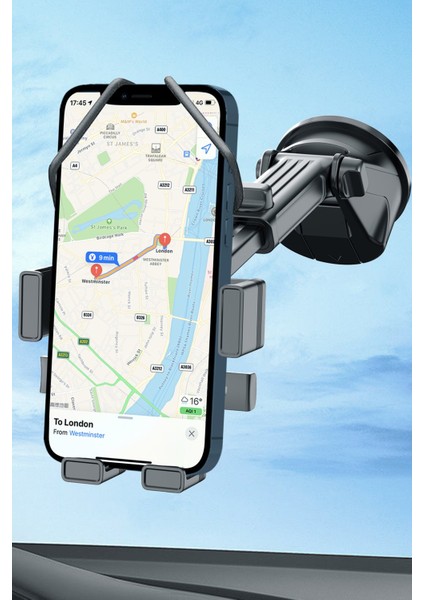 Araç Içi Uzayabilen Telefon Tutucu Ön Cam ve Torpido Üstü Yapışkanlı Uzunluk Ayarlı Kıskaçlı Kelepçe Vantuzlu