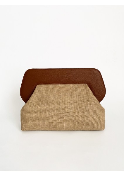 Kadın Kahve Deri Detaylı Jüt Clutch El Çantası