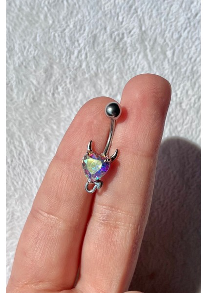 Nature Cerrahi Çelik Renkli Opal Taşlı Boynuzlu Kalp Göbek Piercing