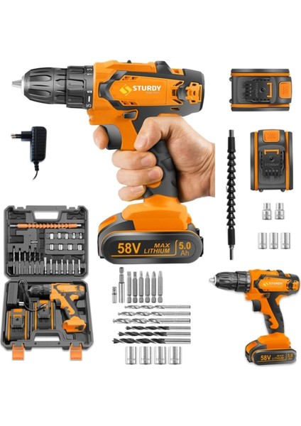 Tekno Trust 58 Volt Japon Technology 58V8AH U-Seri Darbeli Metal Şanzuman Şarjlı Çift Akülü Matkap 27PRÇ Uç Set
