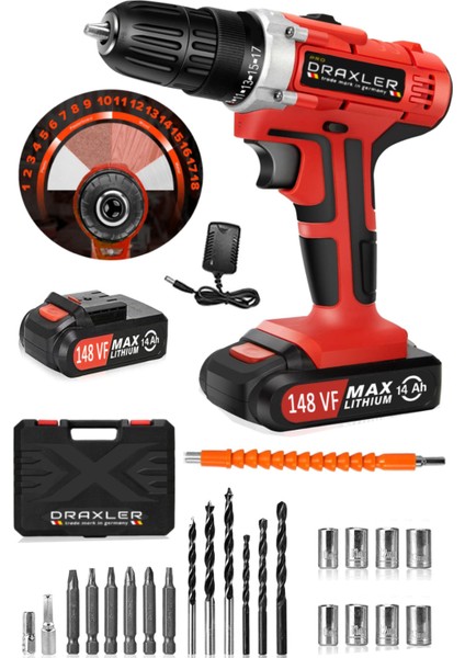 Tekno Trust 72 Volt 128 Vf 14 Ah Red Metal Şanzıman Darbeli Li-Ion Bataryalı Çift Akülü Vidalama Matkap Hediyel