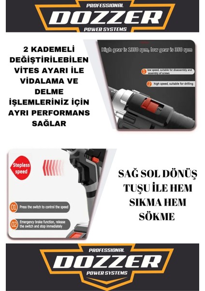 2 Yıl Alman Hard-X Darbeli 256 Vf 20AH Çelik Şanzuman Bakır Sargılı 2 Akülü Vidalama Matkap Şarjlı