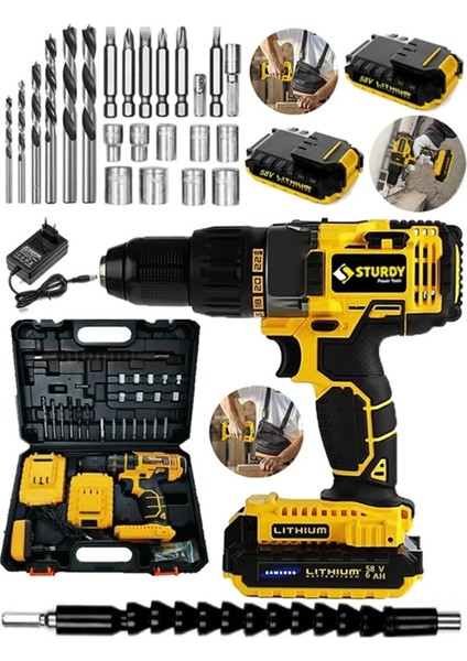 Tekno Trust Uç Setli Japon Technology 58VF 10AH Seri Darbeli Metal Şanzuman Şarjlı Çift Akülü Matkap 24PRÇ Set