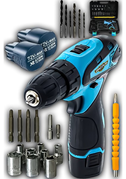 Tekno Trust Uç Setli Alman Sjs 58 Volt 12 Ah Çift Çelik Şanzuman Lithyum Batarya Çift Akülü Vidalama Matkap Şar