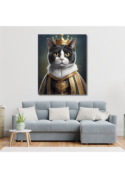 Tekli Dikey Kanvas Duvar Tablosu Kral Kostümlü Siyah Beyaz Kedi