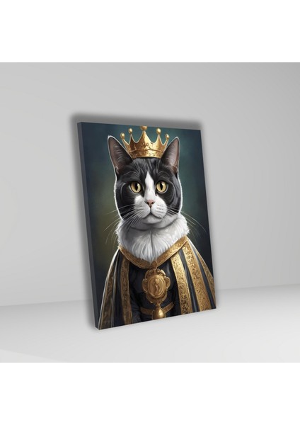 Tekli Dikey Kanvas Duvar Tablosu Kral Kostümlü Siyah Beyaz Kedi fiyatları