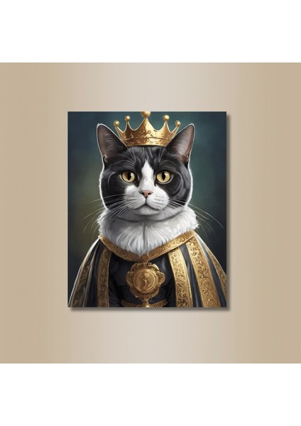 Tekli Dikey Kanvas Duvar Tablosu Kral Kostümlü Siyah Beyaz Kedi modelleri