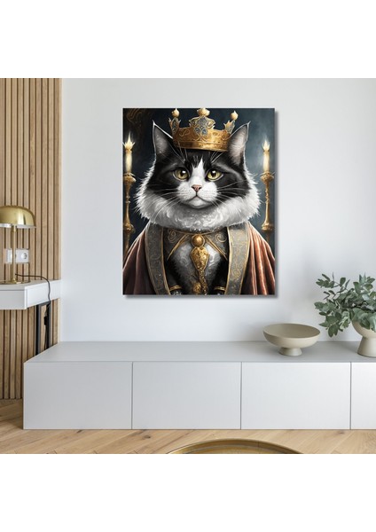 Tekli Dikey Kanvas Duvar Tablosu Kral Kostümlü Siyah Beyaz Tüylü Kedi