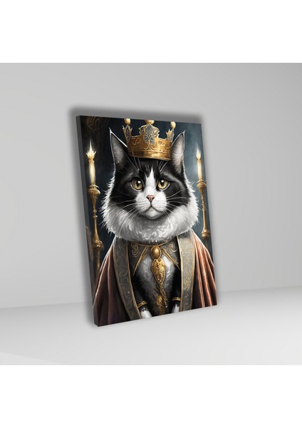 Tekli Dikey Kanvas Duvar Tablosu Kral Kostümlü Siyah Beyaz Tüylü Kedi fiyatları