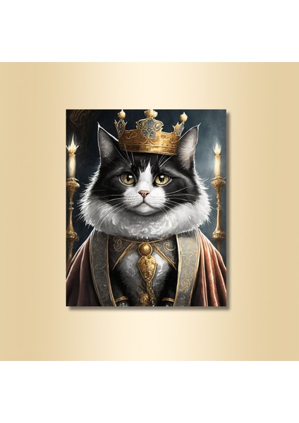 Tekli Dikey Kanvas Duvar Tablosu Kral Kostümlü Siyah Beyaz Tüylü Kedi modelleri