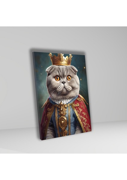 Tekli Dikey Kanvas Duvar Tablosu Kral Kostümlü Scottish Fold Kedi