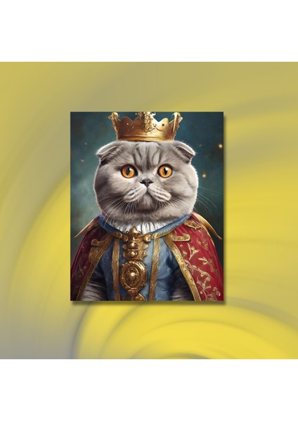 Tekli Dikey Kanvas Duvar Tablosu Kral Kostümlü Scottish Fold Kedi