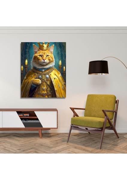 Tekli Dikey Kanvas Duvar Tablosu Kral Kostümlü Sarı Sarman Kedi