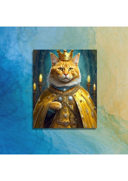 Tekli Dikey Kanvas Duvar Tablosu Kral Kostümlü Sarı Sarman Kedi modelleri