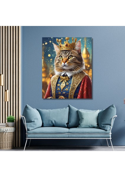 Tekli Dikey Kanvas Duvar Tablosu Kral Kostümlü Tekir Kedi