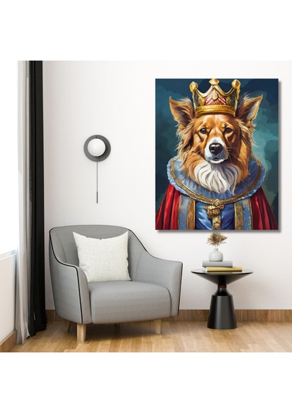 Tekli Dikey Kanvas Duvar Tablosu Kral Kostümlü Border Collie Köpek