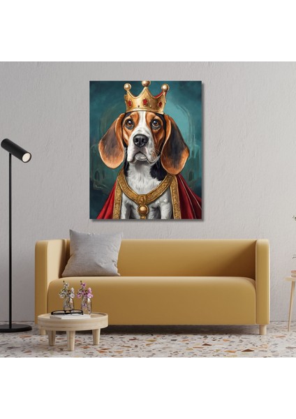 Tekli Dikey Kanvas Duvar Tablosu Kral Kostümlü Beagle Köpek