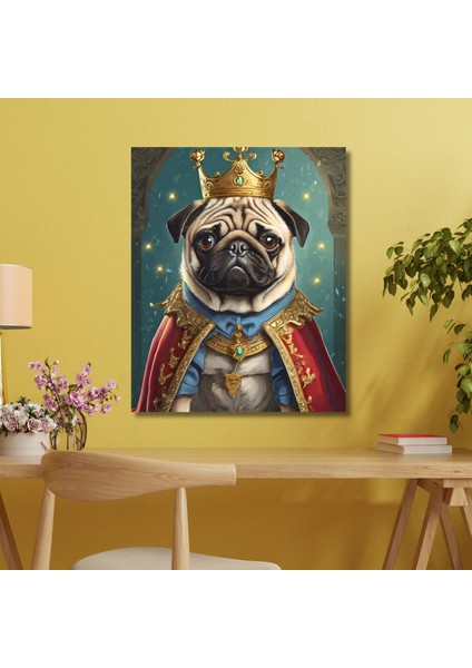 Tekli Dikey Kanvas Duvar Tablosu Kral Kostümlü Pug Köpek