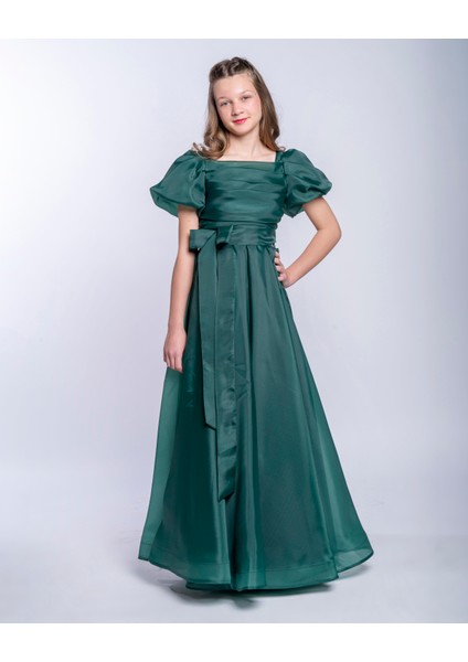 Kız Çocuk/genç Yeni Moda Parlak Kumaş Omuz Detaylı Tam Kalıp Abiye Elbise 5416 modelleri