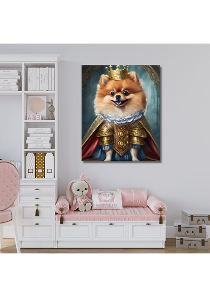 Tekli Dikey Kanvas Duvar Tablosu Kral Kostümlü Pomarian Köpek