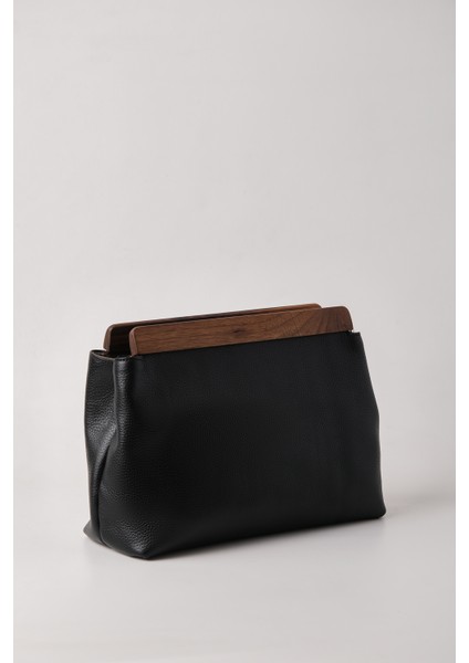 Kadın Siyah Deri Ahşap Aksesuarlı Clutch El Çantası