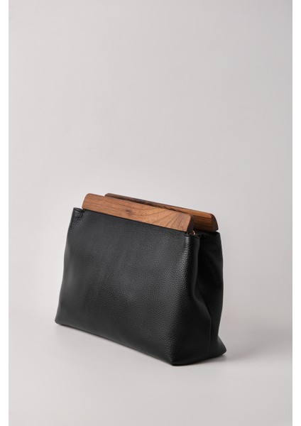Kadın Siyah Deri Ahşap Aksesuarlı Clutch El Çantası