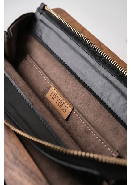 Kadın Siyah Deri Ahşap Aksesuarlı Clutch El Çantası