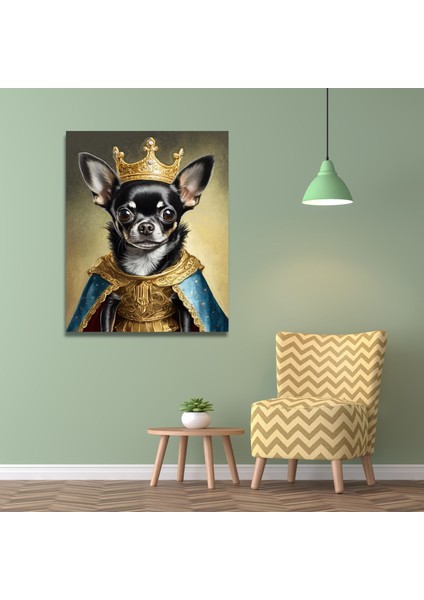 Tekli Dikey Kanvas Duvar Tablosu Kral Kostümlü Siyah Chihuahua Köpek
